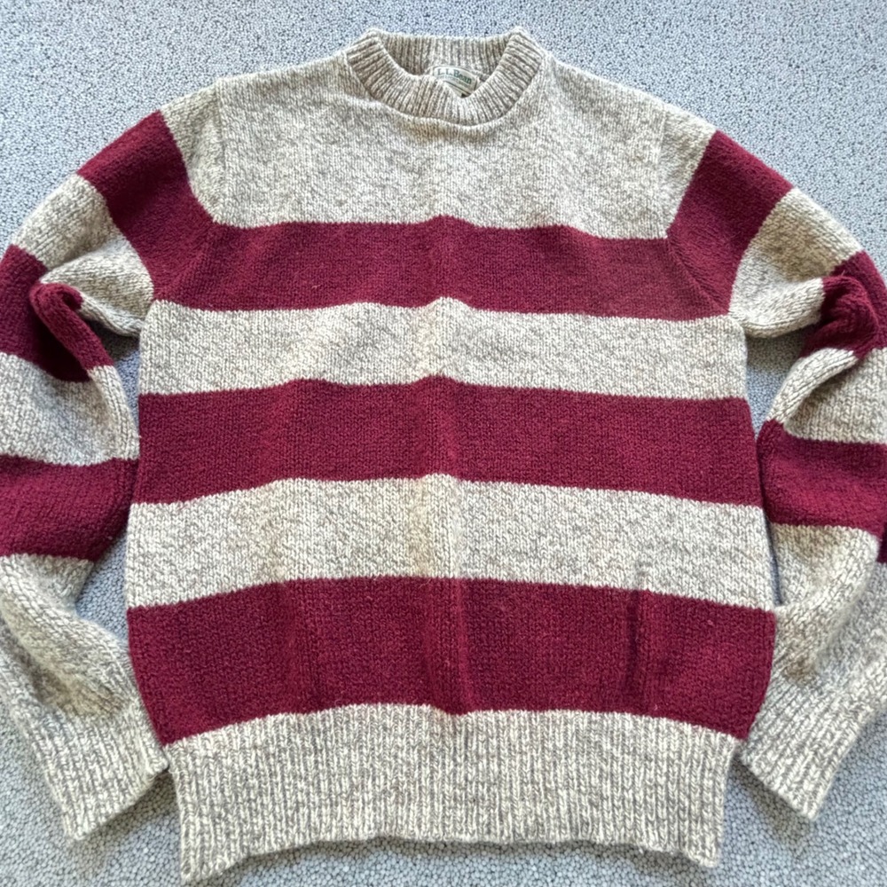 VTG LL Bean Wool Sweater Mens M USA Made Burgundy Striped Heritage Cabin